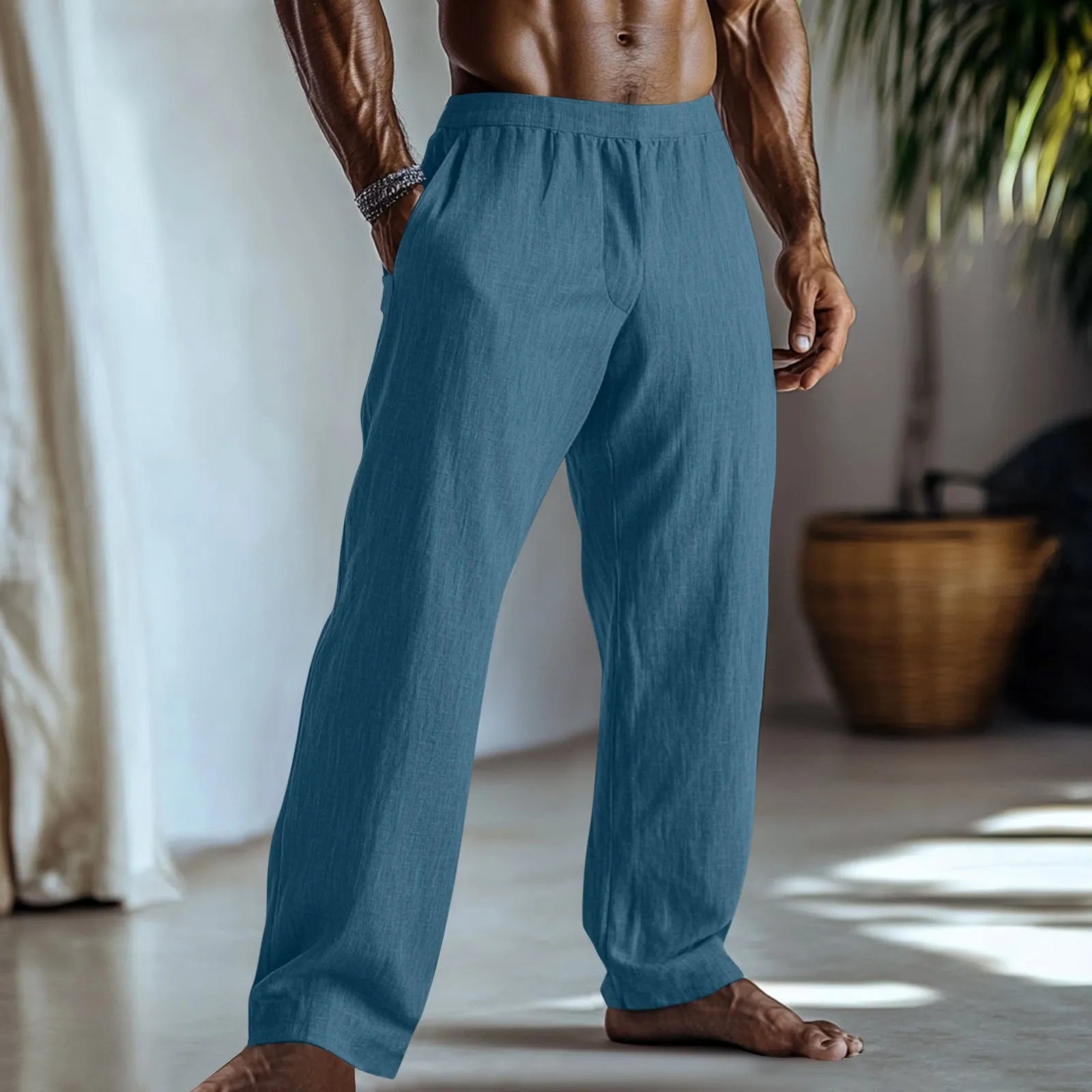 Cotton and linen straight-leg casual trousers in British style with multiple colour options