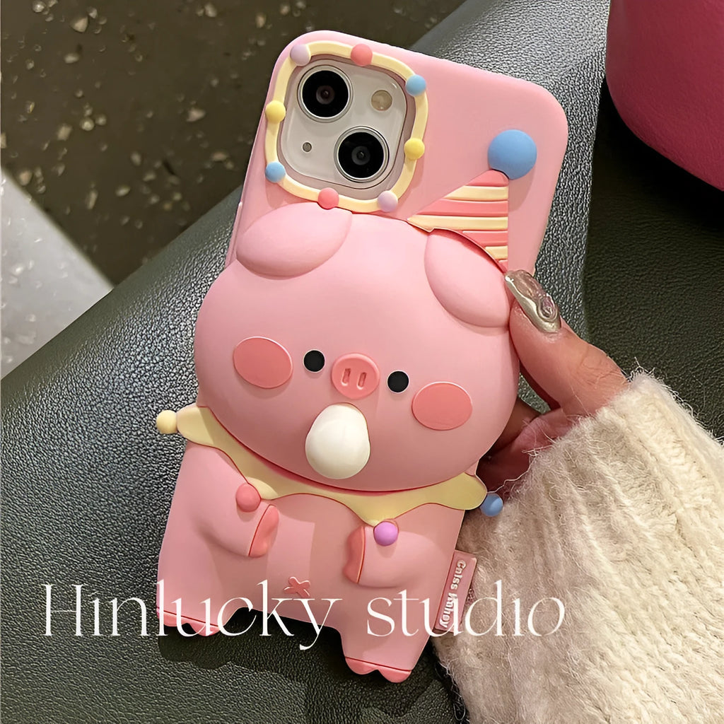 Press bubble blowing cartoon silicone phone case in bubble pig colour for iPhone, featuring three-dimensional relief design