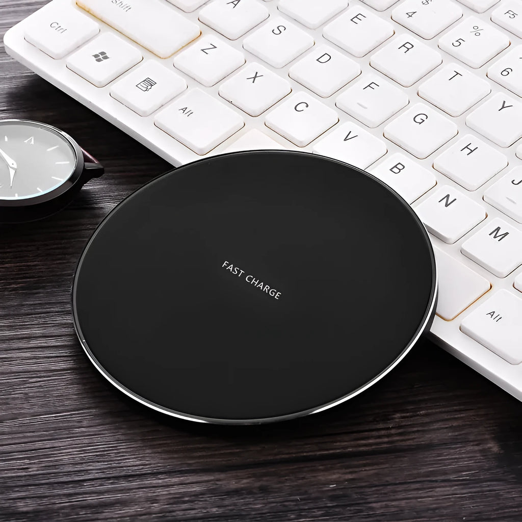 Ultra-thin wireless charging pad in four colour options showing 6.5mm slim profile
