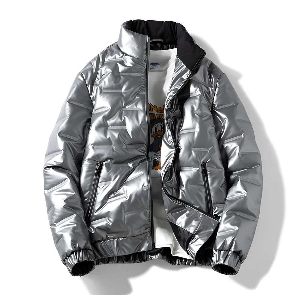 Plus-size women's shiny thick cotton winter coat in black cardigan style with side pockets and slim fit
