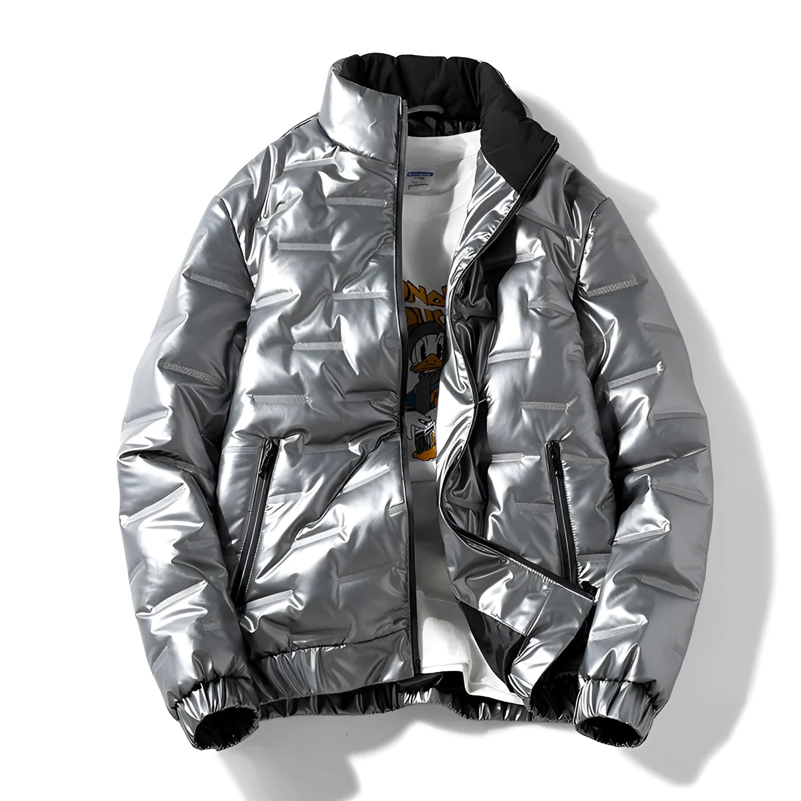 Plus-size women's shiny thick cotton winter coat in black cardigan style with side pockets and slim fit