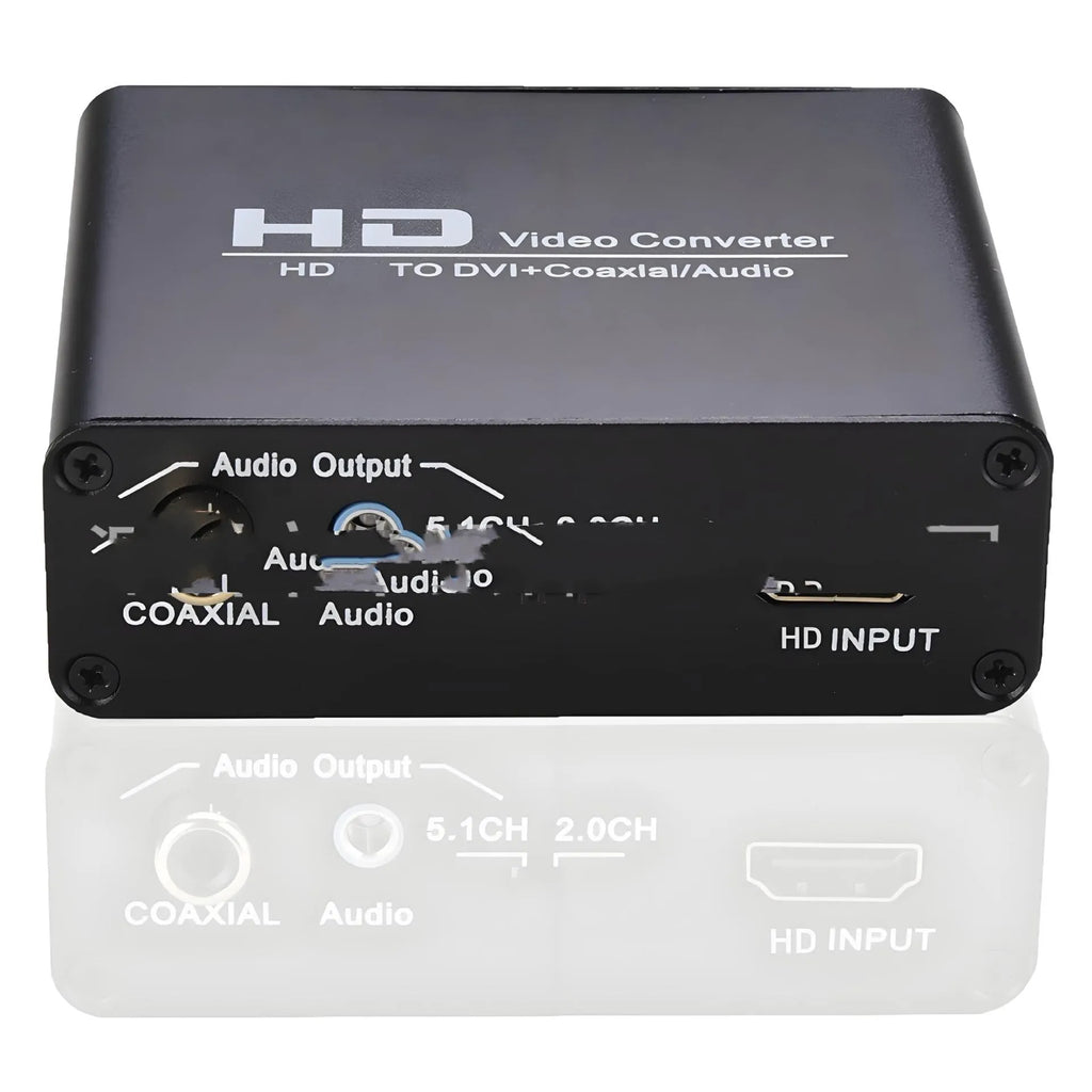 Black HDMI to DVI converter unit with a 1.5m cable and coaxial audio output port.