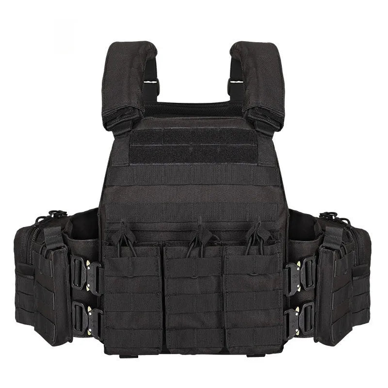 Men's camouflage polyester tactical vest shown in an army green colour, designed for outdoor training and shooting sports.
