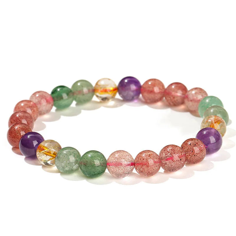 Natural strawberry quartz bracelet with round beads in 7mm, 8mm, or 9mm sizes.