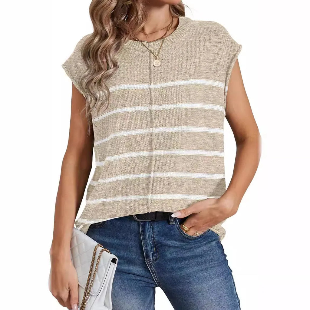 Women's striped sleeveless pullover vest in acrylic fabric on a hanger.