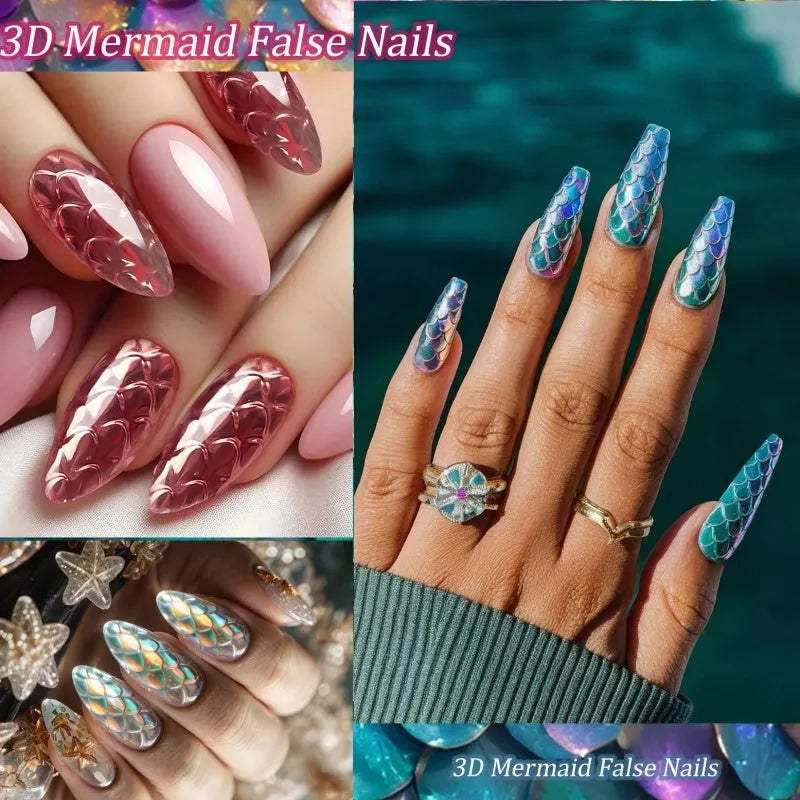 3D scale long shaping artificial nail tips with deep C-curve in Frigate Box colour options