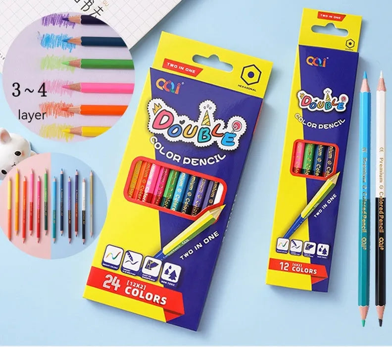 Set of wooden double-headed coloured pencils in 12-piece and 6-piece pack options for art students.