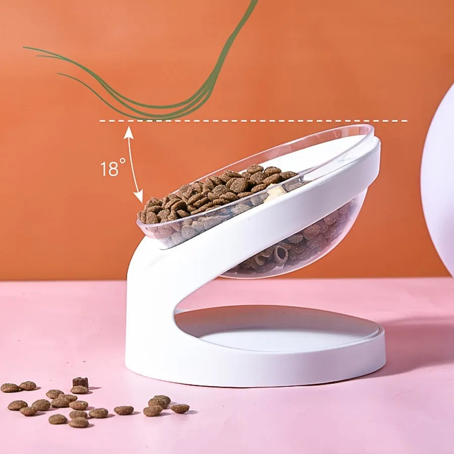 White plastic elevated cat food bowl with tilted design for neck protection