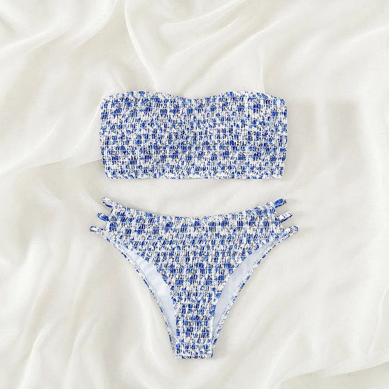 Women's strapless floral swimsuit with high-waist briefs on a mannequin