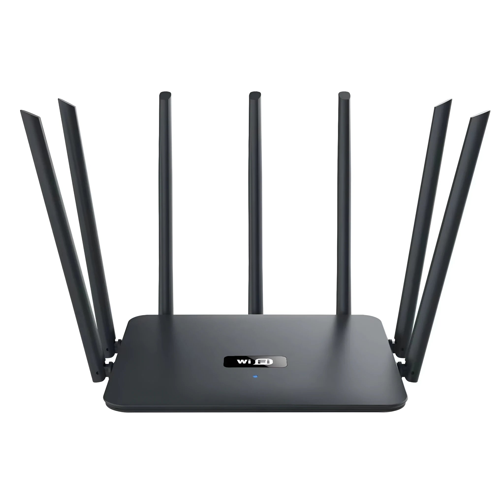 Black and white dual-band 5G gigabit home router with multiple antennas on a desk.