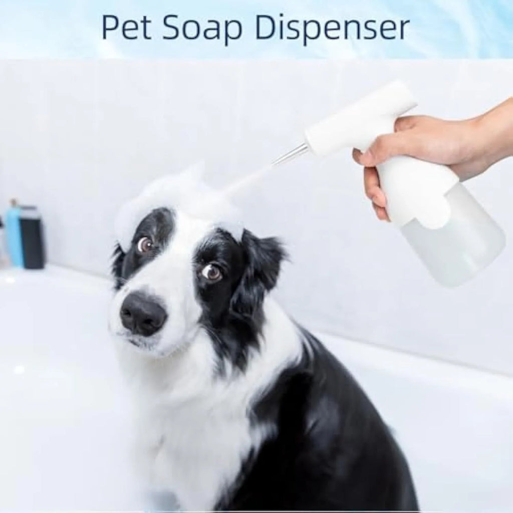 White electric foam soap dispenser with two nozzles for pet bathing and household cleaning