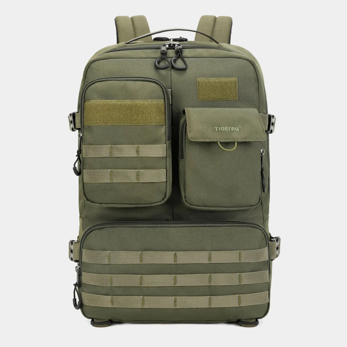 Army green 17-inch tactical backpack with waterproof nylon construction and 20-35 litre capacity