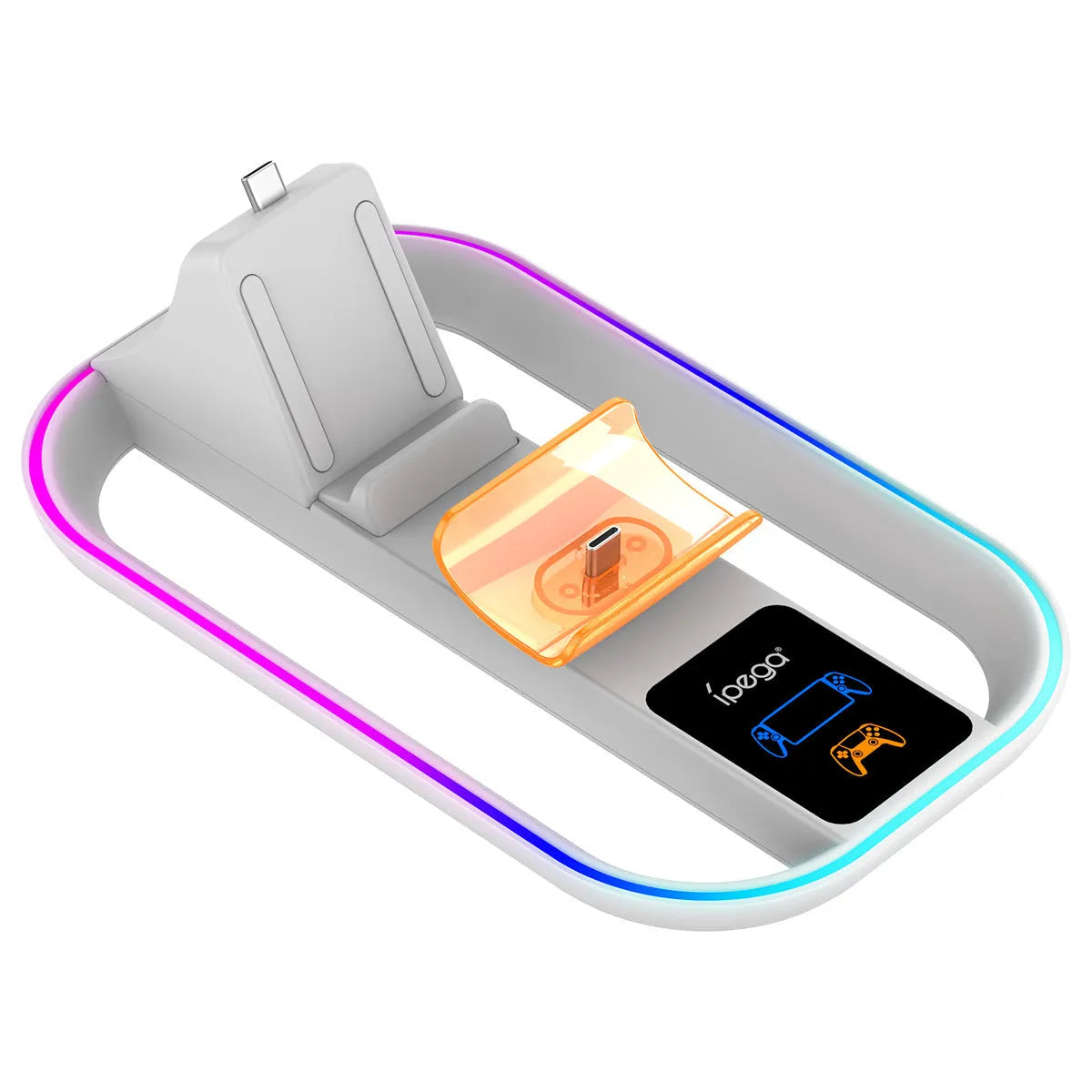 White ABS charging base for PS5 Portal and PS5 controller with colourful LED and Type-C cable