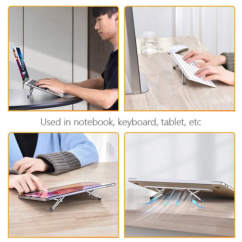 Aluminium alloy adjustable laptop cooling stand in silver or dark grey on a desktop