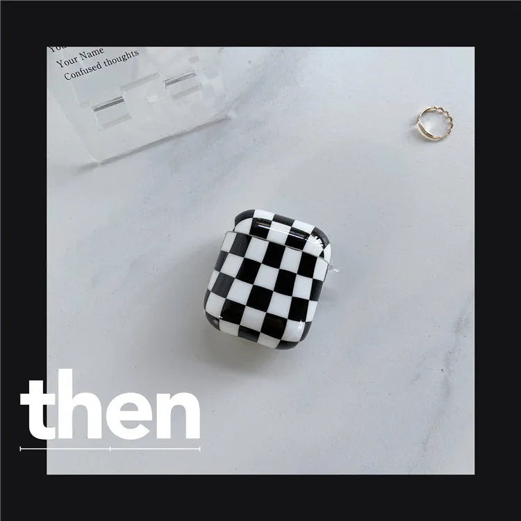 Black and green checkerboard pattern TPU protective cases for Apple AirPods with lanyard and loop pendant options.