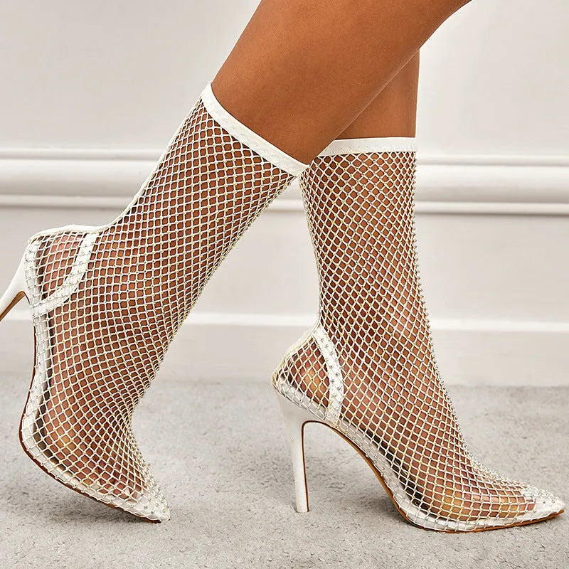 Women's pointed-toe stiletto hollow mesh sandals with oversleeves in black red white sizes UK 3 to 8