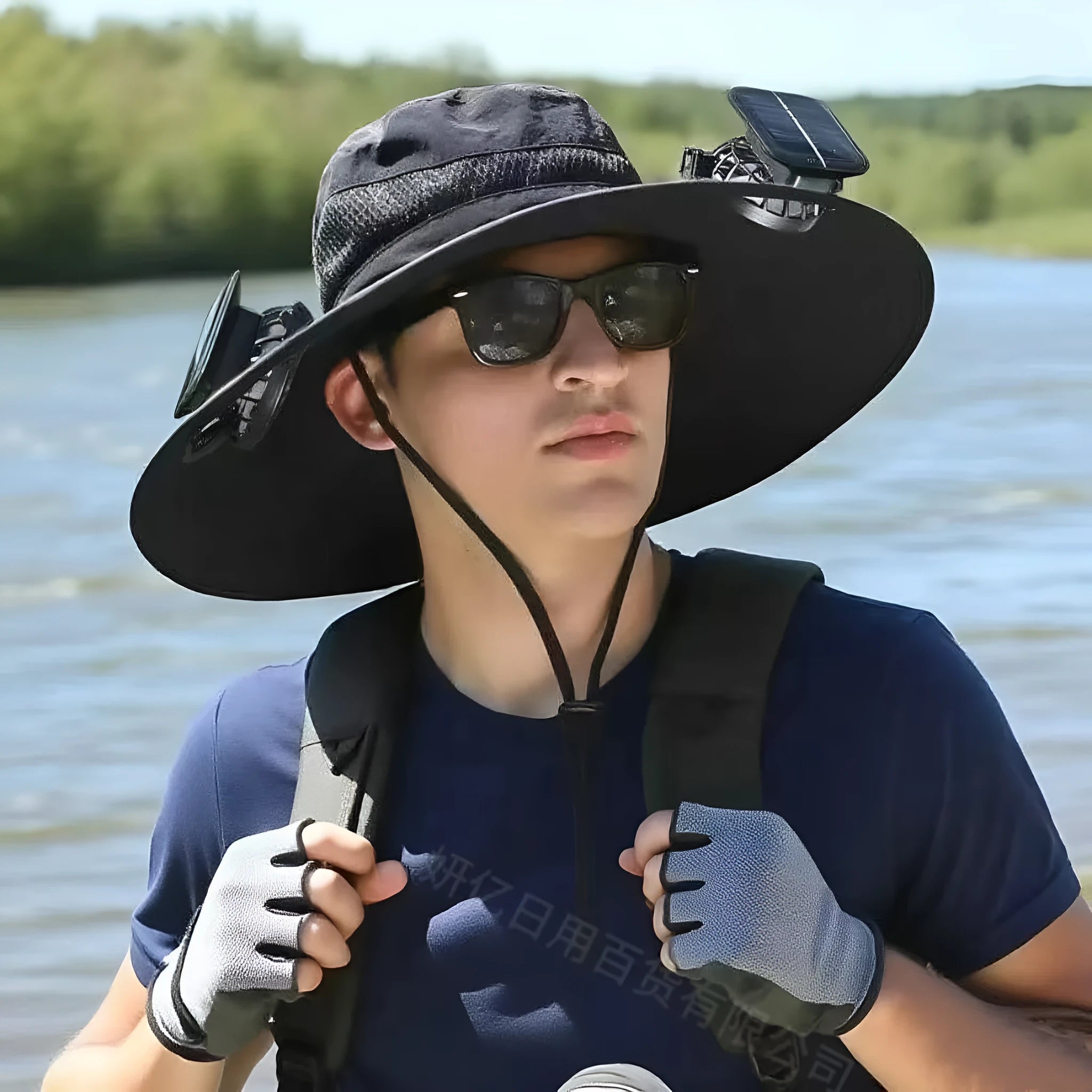 Men's big brim fishing hat in square camouflage khaki with machine embroidery and dome crown