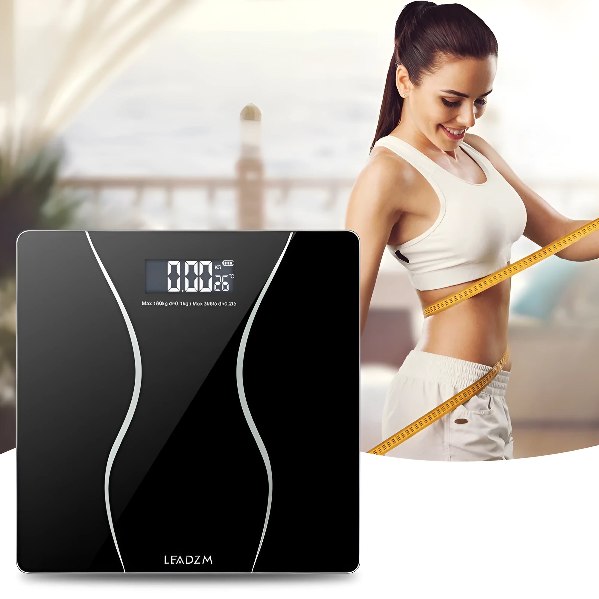 Black electronic digital bathroom scale on a floor showing a maximum capacity of 180 kg.