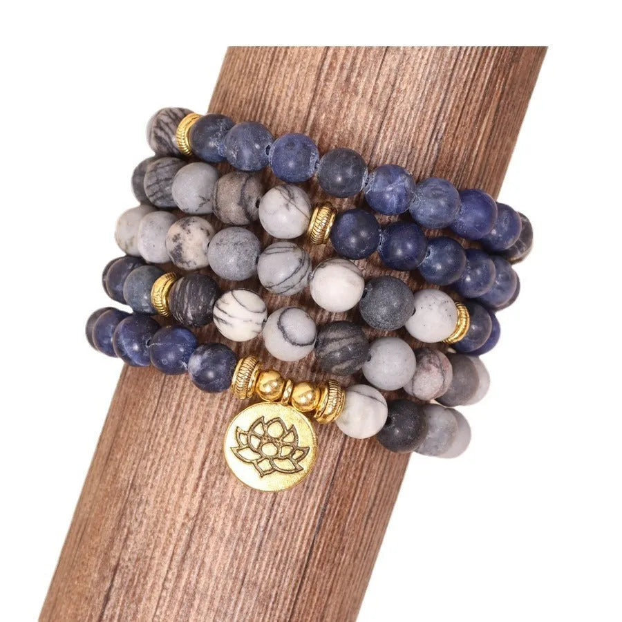Blue patterned network stone beads on multi-layer alloy bracelet with fresh sweet natural style