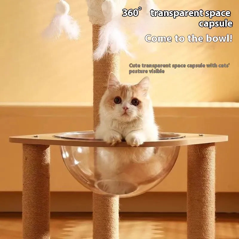 Wooden cat climbing frame with integrated space capsule in luxury colour finish