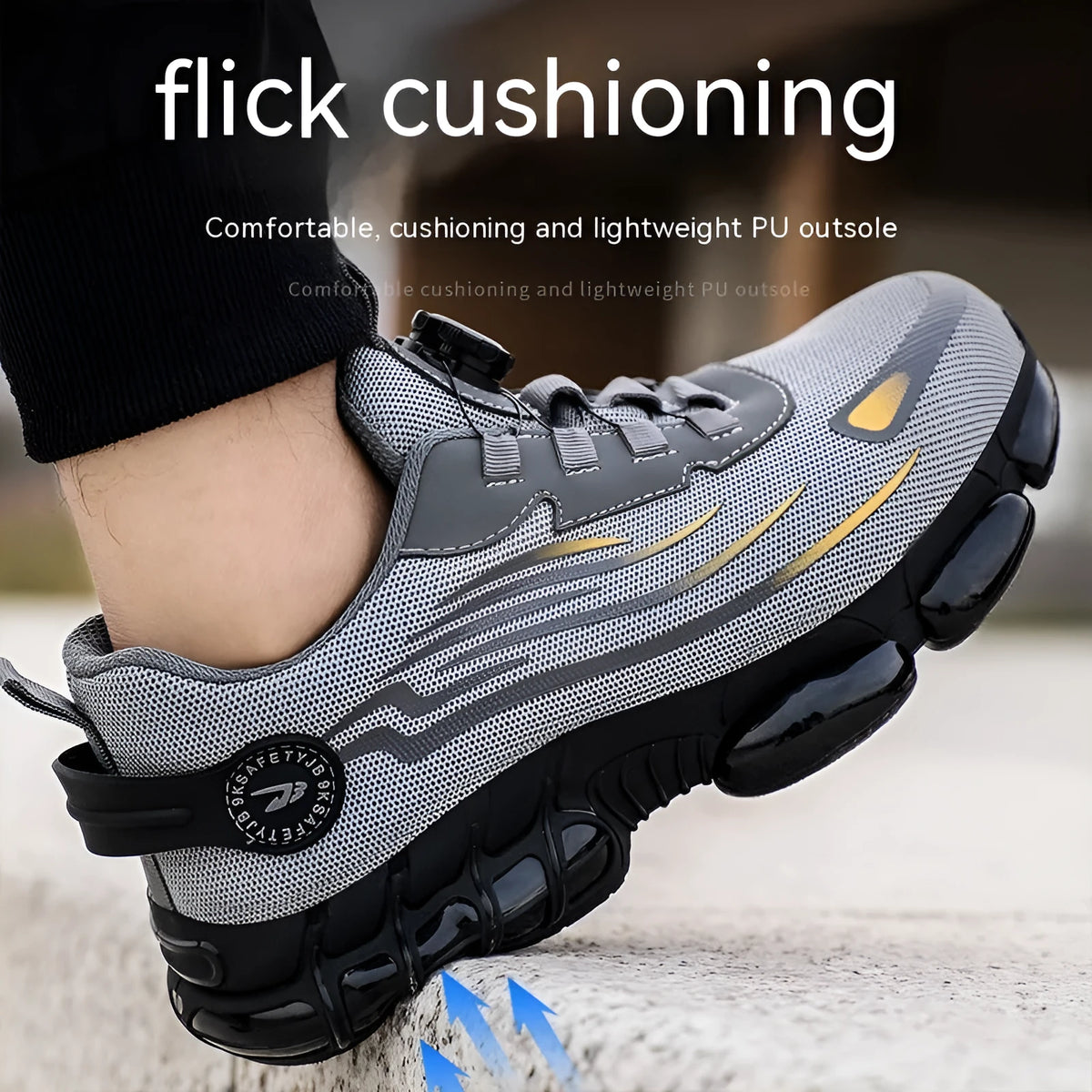 Men's lace-free safety shoes with steel toe cap, fly woven mesh upper and PU sole, in black, blue or grey