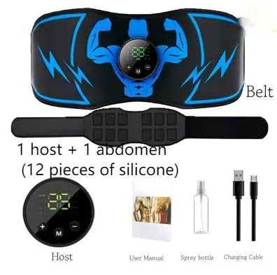 Blue EMS abdominal slimming belt with wireless remote control and electrotherapy stickers