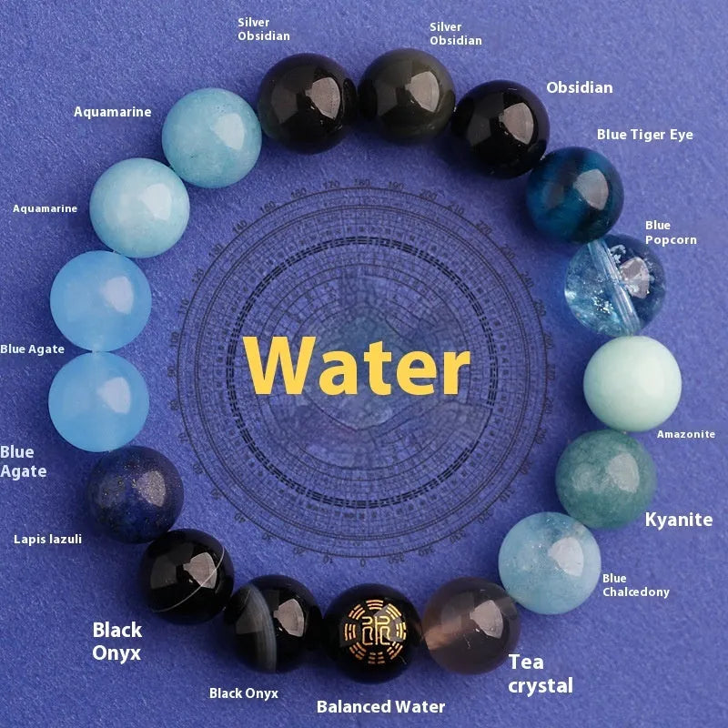 Green agate balance energy bracelet with natural crystal beads in five elemental colours