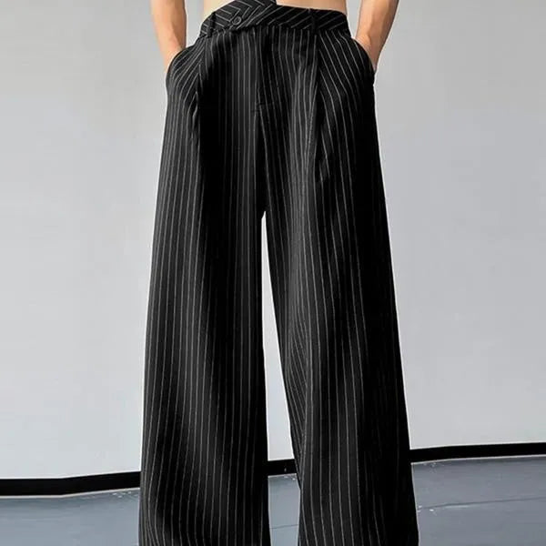 Black men's casual trousers with vertical striped pleats and an elasticated waistband
