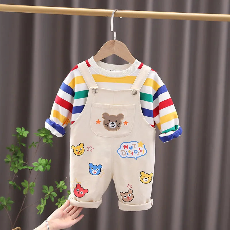 Boys' plaid top and strap trousers set in yellow or milky white, cotton outfit, sizes 80cm to 120cm