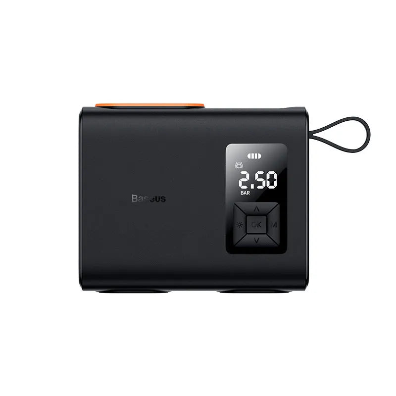 Black portable wireless car tyre inflator with LCD display and type-C charging port