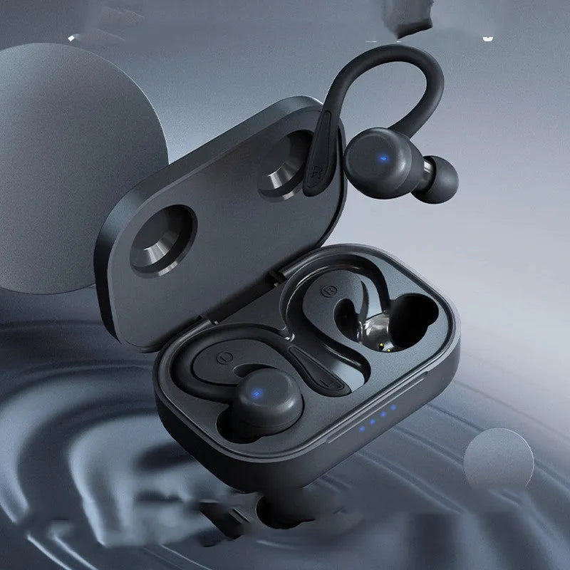 True wireless hanging ear sports headphones with active noise cancellation in black, white, blue, red, or pink colours