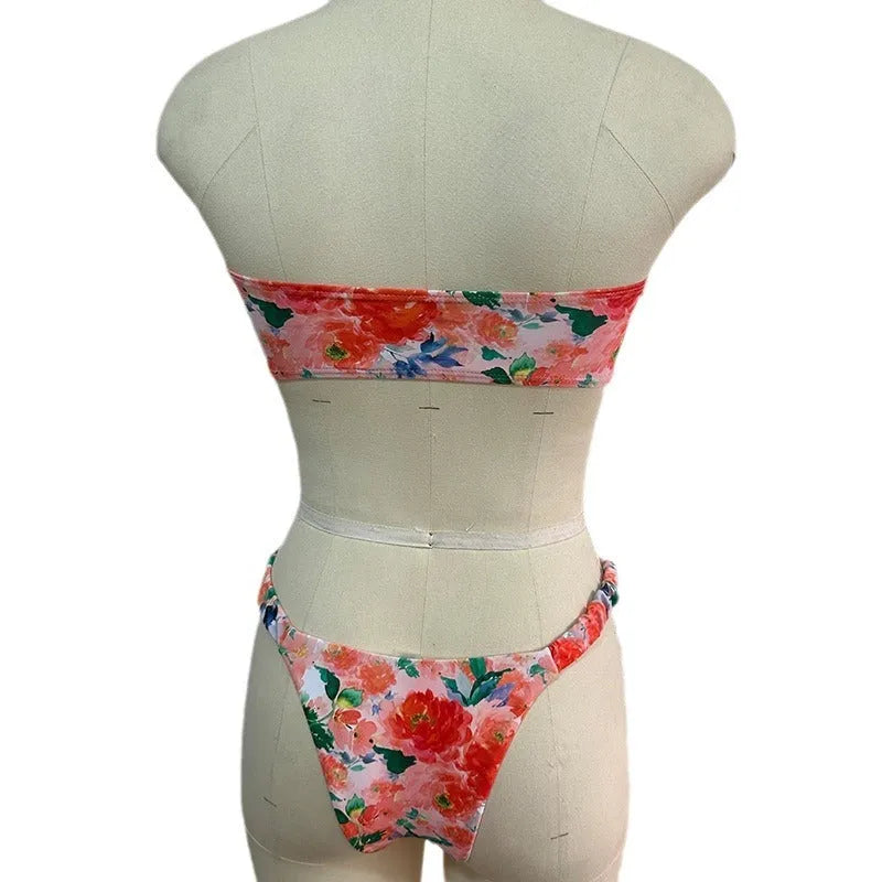 Women's printed floral bikini with lace trim and backless tube top design