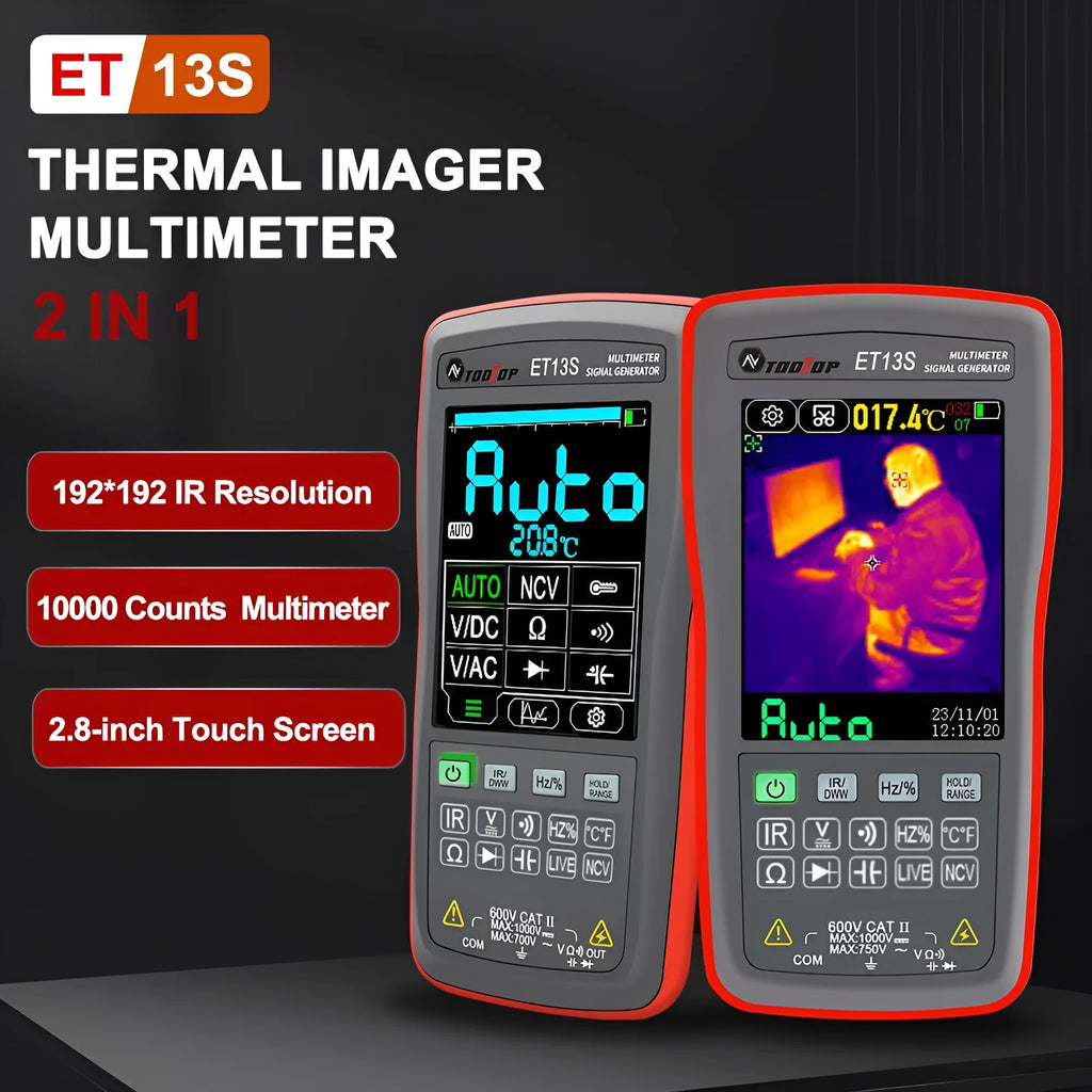 ET13S thermal imaging multimeter showing 2.8-inch touch screen display and compact handheld design
