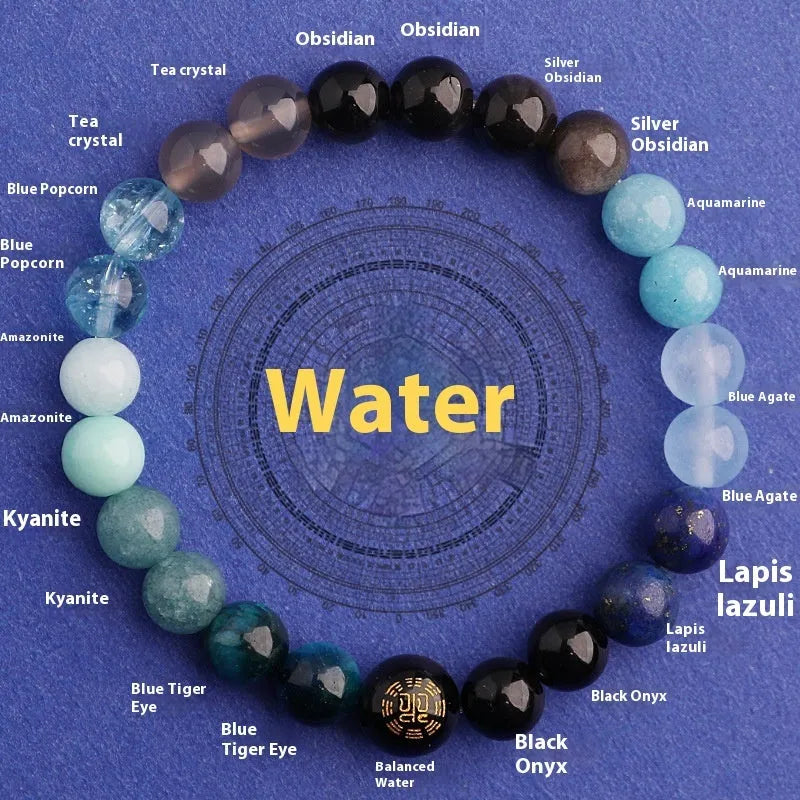 Green agate balance energy bracelet with natural crystal beads in five elemental colours