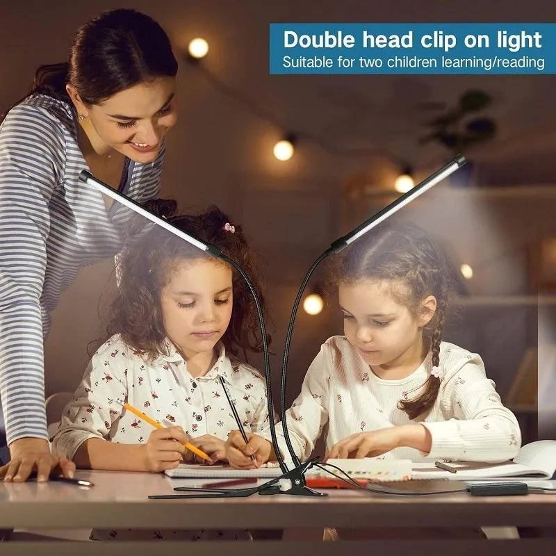 Black or white LED desk lamp with 26 cm length and USB power cable for student study.