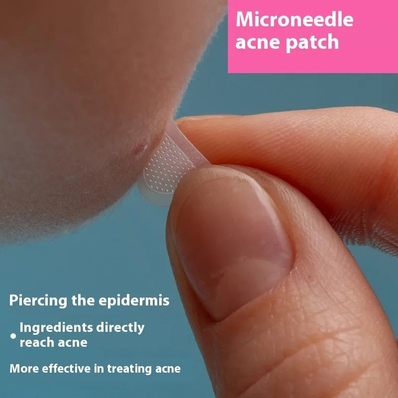 Nine transparent 14mm hyaluronic acid acne patches with microneedles in assorted pink designs
