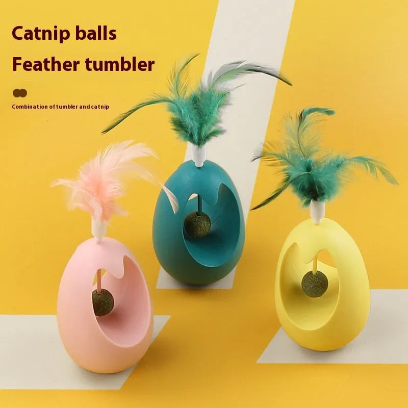 Catnip ball tumbler cat teaser toy with molar ball, 7x7x11cm PP, in mint ink blue, mint durian yellow, or cherry blossom pink