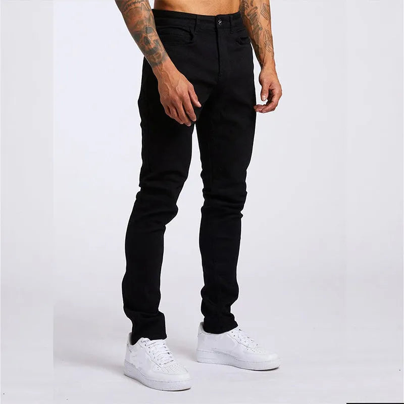 Men's cotton slim fit high waist jeans in light blue solid colour front view
