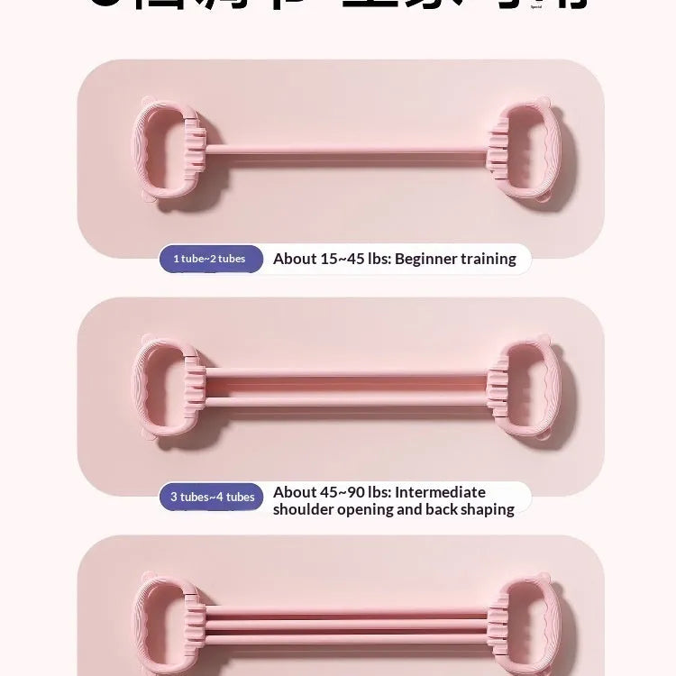 8-shaped puller resistance band for women with cat ear non-slip handle and back opener function, available in pink and purple.
