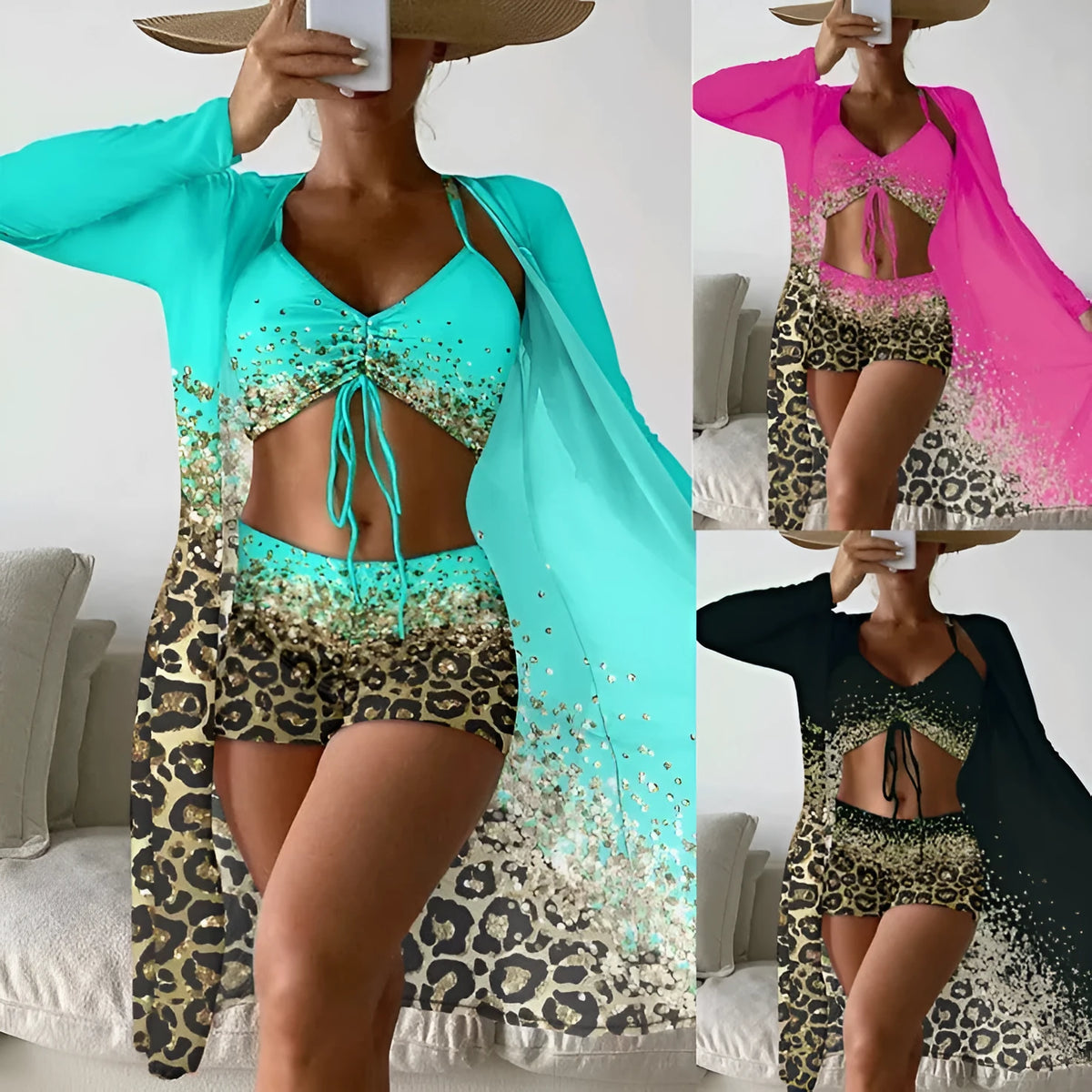 Women's polyester swimsuit set with sling, shorts, and coat in lake blue, black, or rose red