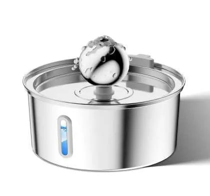 Stainless steel pet water dispenser with round basin and window faucet for dogs and cats.