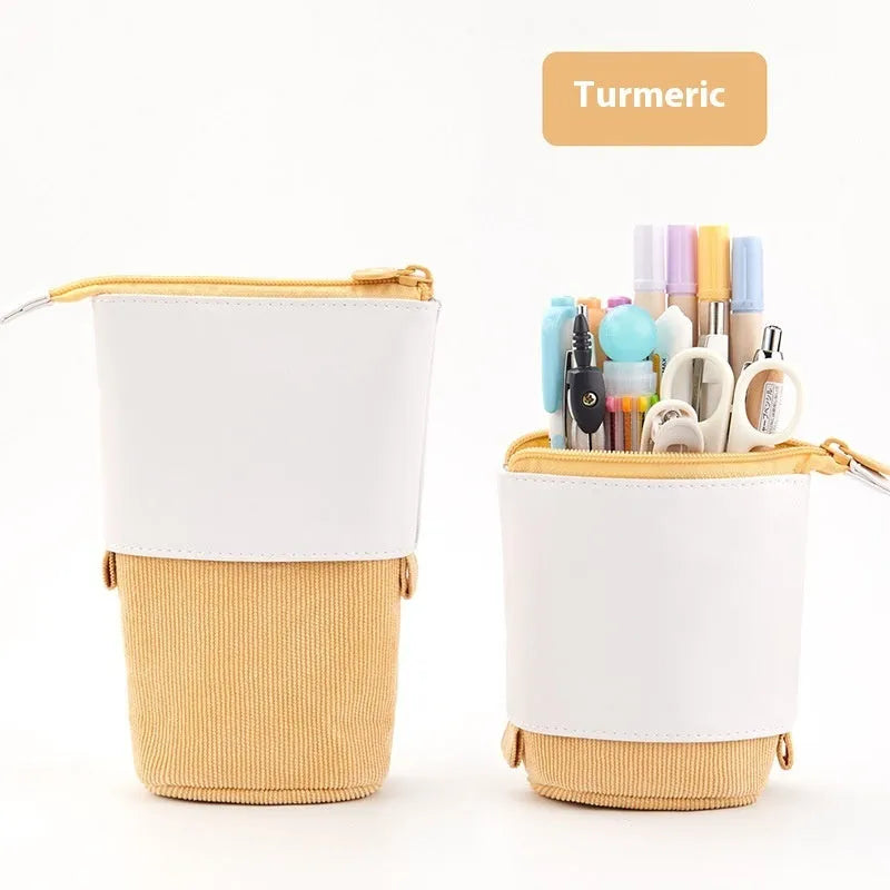 Korean-style telescopic stationery case in soft corduroy, shown in multiple colour options.