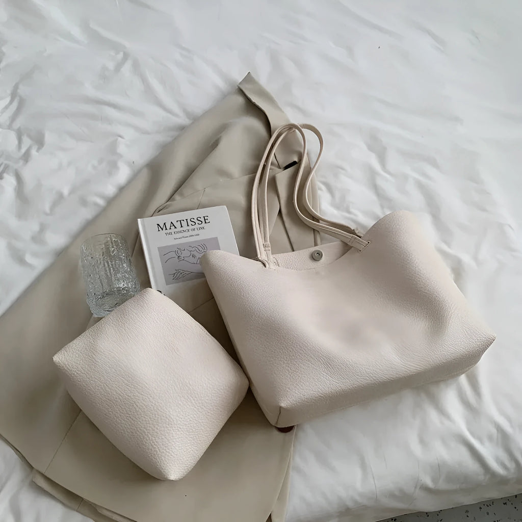 Women's retro shoulder bag in PU leather with double straps, soft handle, and 3D outer pocket, shown in five colours.