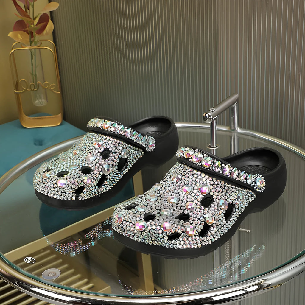 Black platform rhinestone hole shoes for women with EVA upper and injection-moulded sole, sizes 36-48