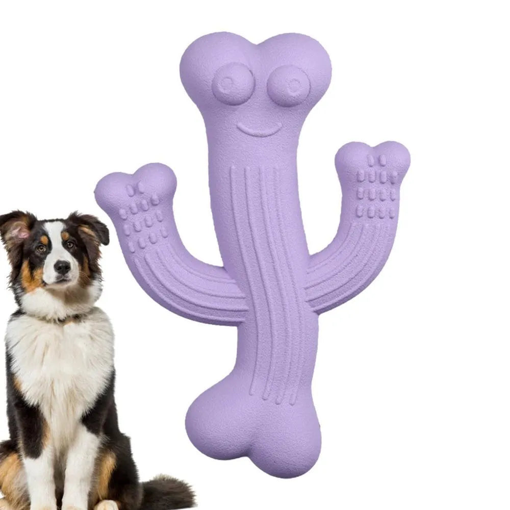 Beige, blue, and purple cactus-shaped dog chew toy made from bamboo fibre and rubber