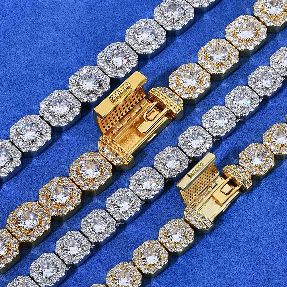 Personalised full diamond men's bracelet rock sugar chain copper gold colour width 10mm length 22.86cm