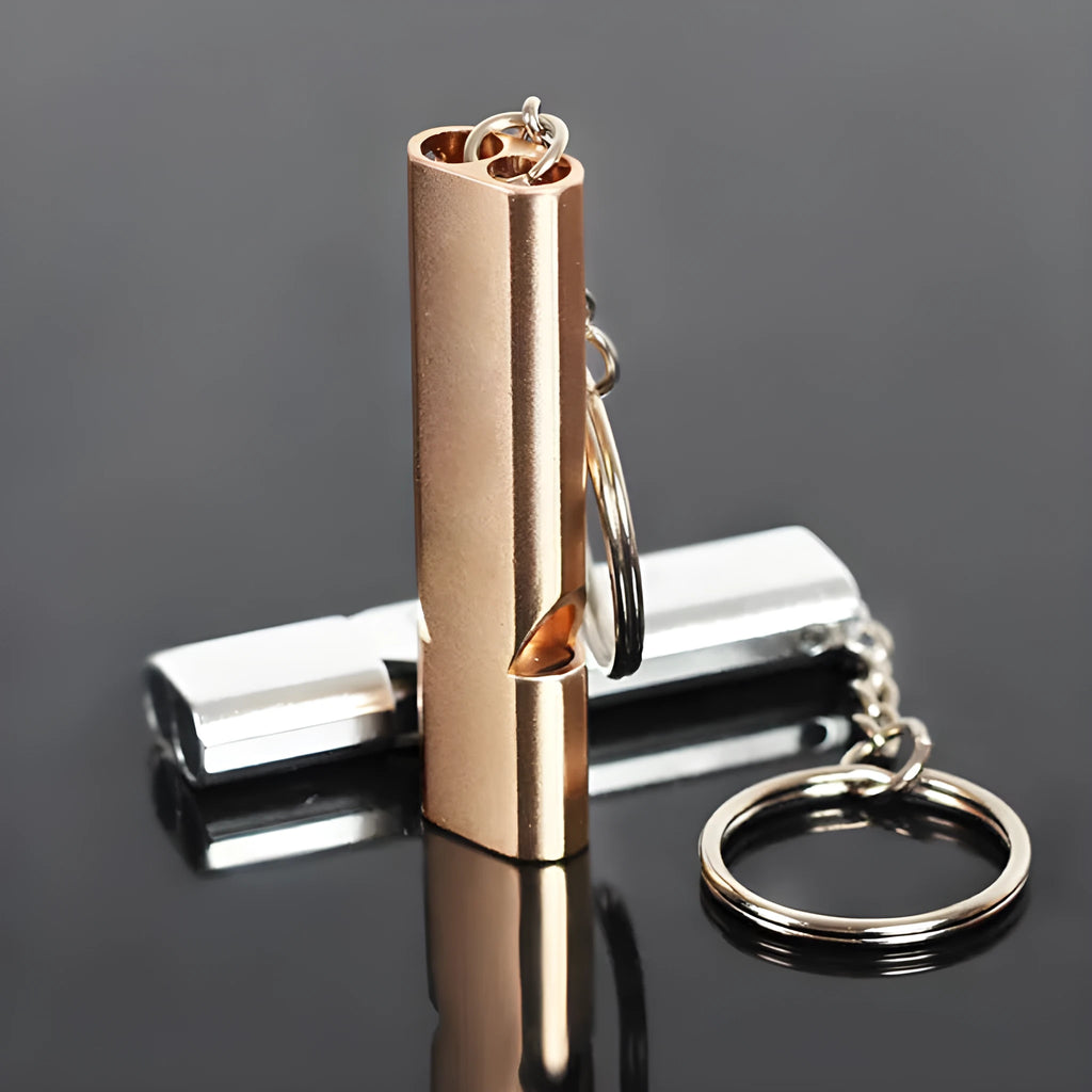 Silver aluminium alloy double-hole survival whistle with cylindrical design and lanyard loop