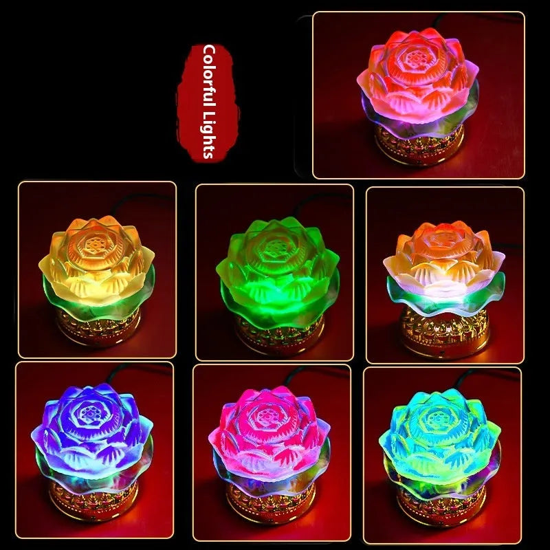 Yellow Chinese-style lotus lamp for Buddha altar decor on a table.