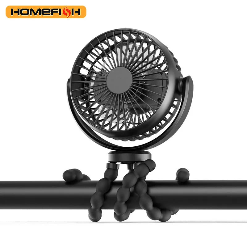 HOMEFISH F1 and F2 automatic shake head handheld fan with removable bracket on a stroller.