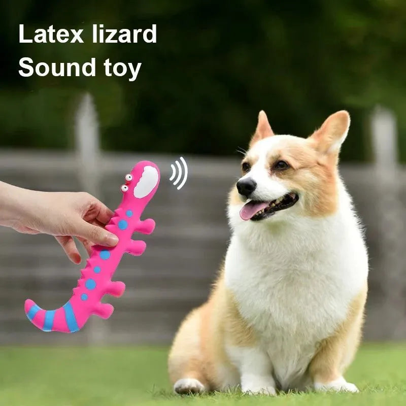 Green latex lizard squeaky dog toy with built-in squeaker for small to medium dogs, 20 cm long